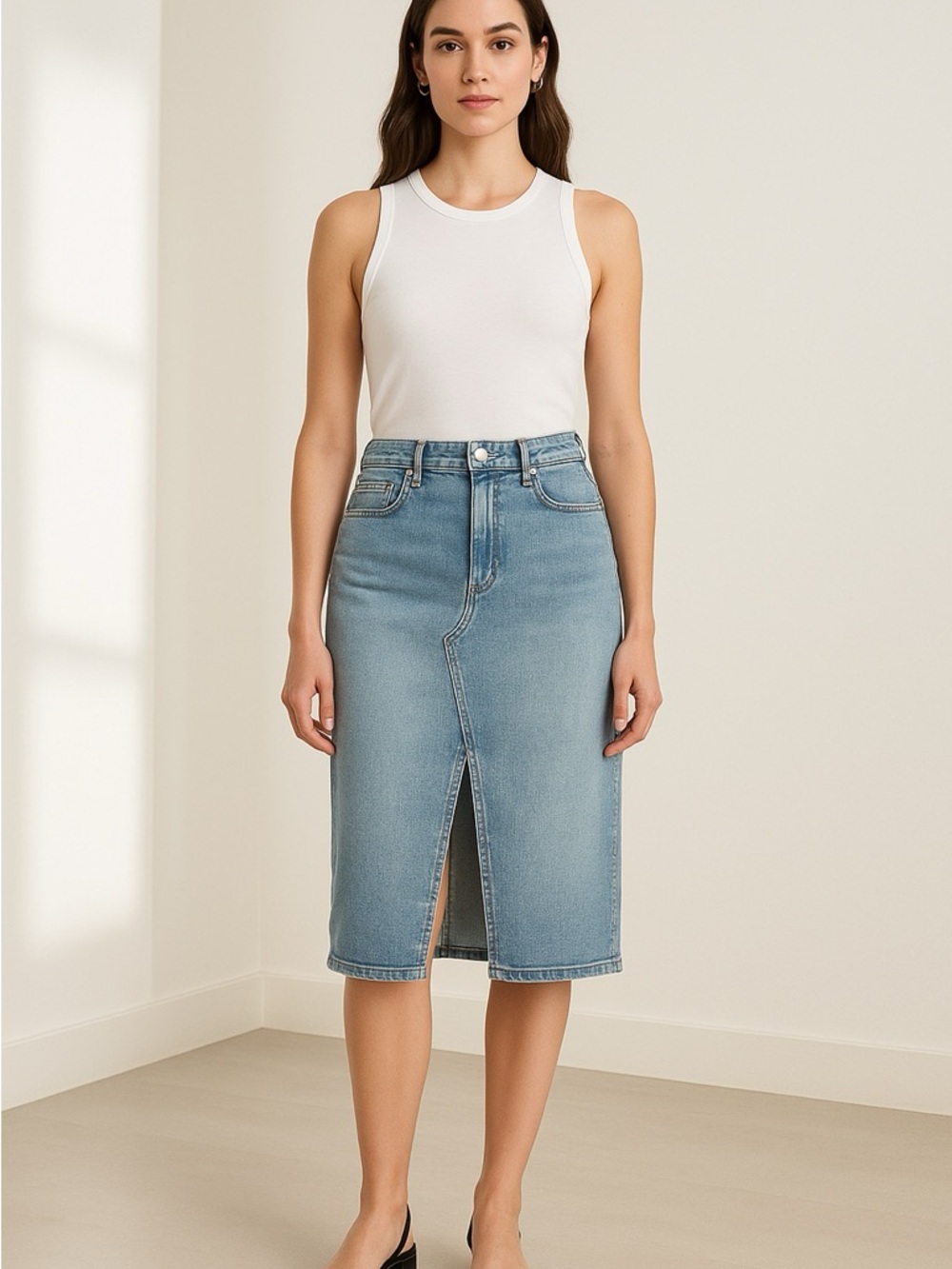 Banana Republic Light Blue Denim Midi Skirt with Center Front Slit